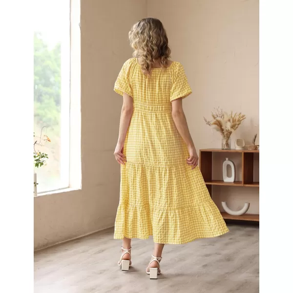 YESNO Womens 2023 Summer Casual Floral Dress Square Neck Puff Short Sleeve Cinched Waist Maxi Dress with Pockets E11Yellow  Plaid