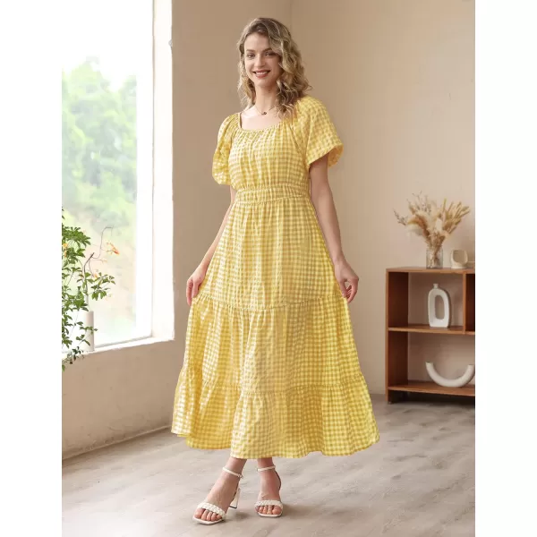 YESNO Womens 2023 Summer Casual Floral Dress Square Neck Puff Short Sleeve Cinched Waist Maxi Dress with Pockets E11Yellow  Plaid