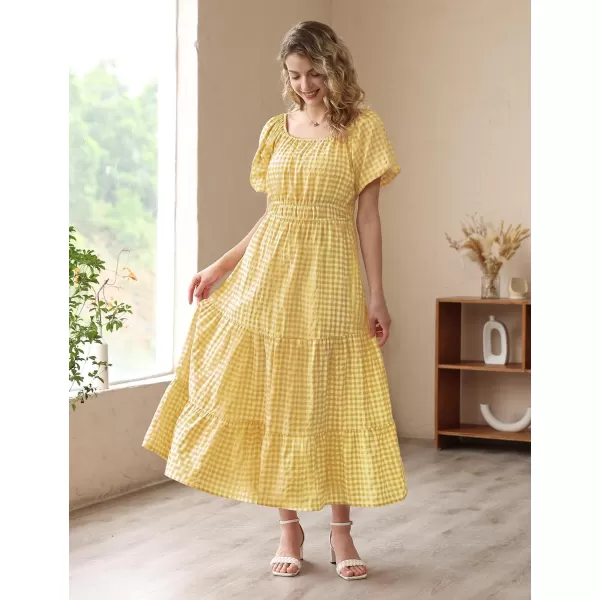 YESNO Womens 2023 Summer Casual Floral Dress Square Neck Puff Short Sleeve Cinched Waist Maxi Dress with Pockets E11Yellow  Plaid