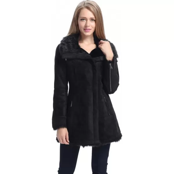 BGSD Womens Zara Asymmetrical Zip Front Faux Shearling Walking Coat Black LargeBGSD Womens Zara Asymmetrical Zip Front Faux Shearling Walking Coat Black Large