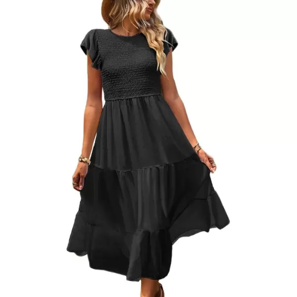 YESNO Women Summer Dresses Ruffle Cap Sleeve Casual Dress Boho Smocked Bodice Maxi Dress with Pockets E05Black