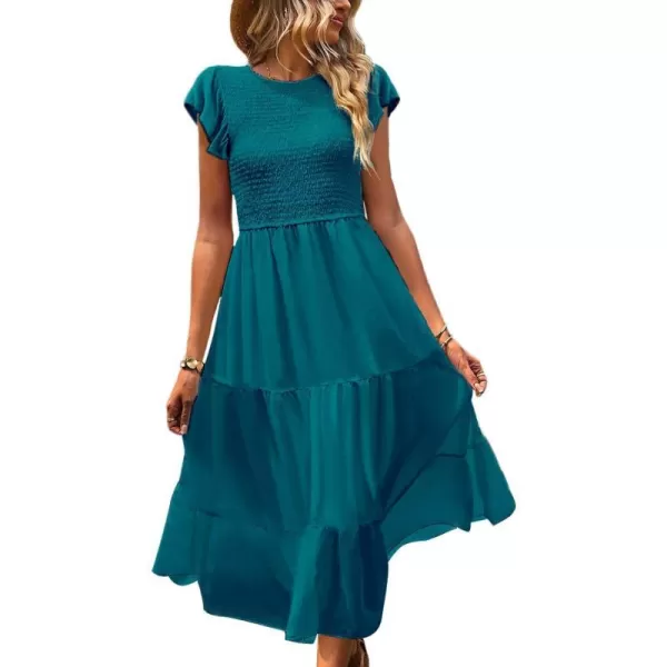 YESNO Women Summer Dresses Ruffle Cap Sleeve Casual Dress Boho Smocked Bodice Maxi Dress with Pockets E05Dark Cyan