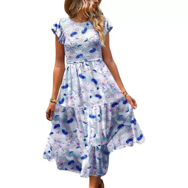 YESNO Women Summer Dresses Ruffle Cap Sleeve Casual Dress Boho Smocked Bodice Maxi Dress with Pockets E05Floral 357