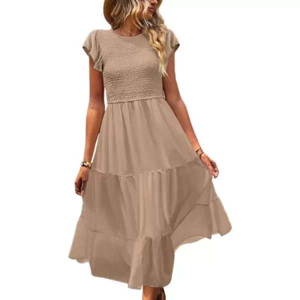 YESNO Women Summer Dresses Ruffle Cap Sleeve Casual Dress Boho Smocked Bodice Maxi Dress with Pockets E05Khaki