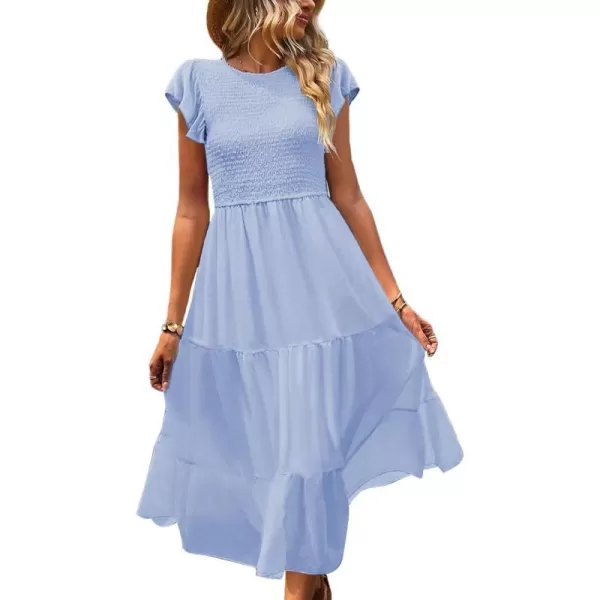 YESNO Women Summer Dresses Ruffle Cap Sleeve Casual Dress Boho Smocked Bodice Maxi Dress with Pockets E05Light Blue