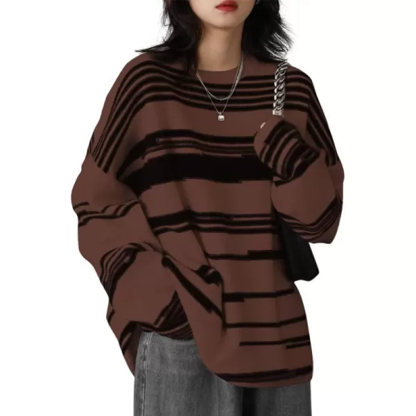 YESNO Women Sweater Graphic Oversized Pullover Sweaters Casual Loose Long Sleeve Knit Tops S01Floral 147 Coffee