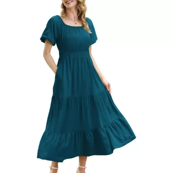 YESNO Womens 2023 Summer Casual Floral Dress Square Neck Puff Short Sleeve Cinched Waist Maxi Dress with Pockets E11Dark Cyan