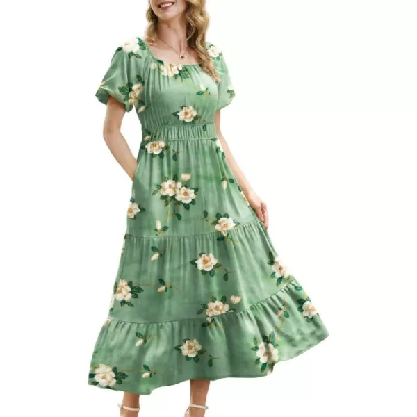 YESNO Womens 2023 Summer Casual Floral Dress Square Neck Puff Short Sleeve Cinched Waist Maxi Dress with Pockets E11Floral 19