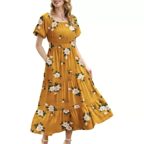 YESNO Womens 2023 Summer Casual Floral Dress Square Neck Puff Short Sleeve Cinched Waist Maxi Dress with Pockets E11Floral 19o