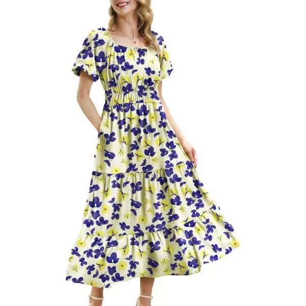 YESNO Womens 2023 Summer Casual Floral Dress Square Neck Puff Short Sleeve Cinched Waist Maxi Dress with Pockets E11Floral 375