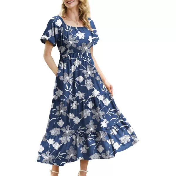 YESNO Womens 2023 Summer Casual Floral Dress Square Neck Puff Short Sleeve Cinched Waist Maxi Dress with Pockets E11Floral 385