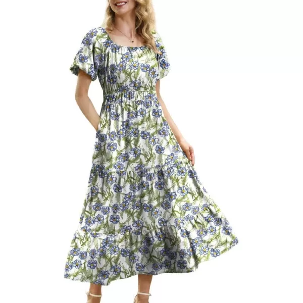 YESNO Womens 2023 Summer Casual Floral Dress Square Neck Puff Short Sleeve Cinched Waist Maxi Dress with Pockets E11Floral 390