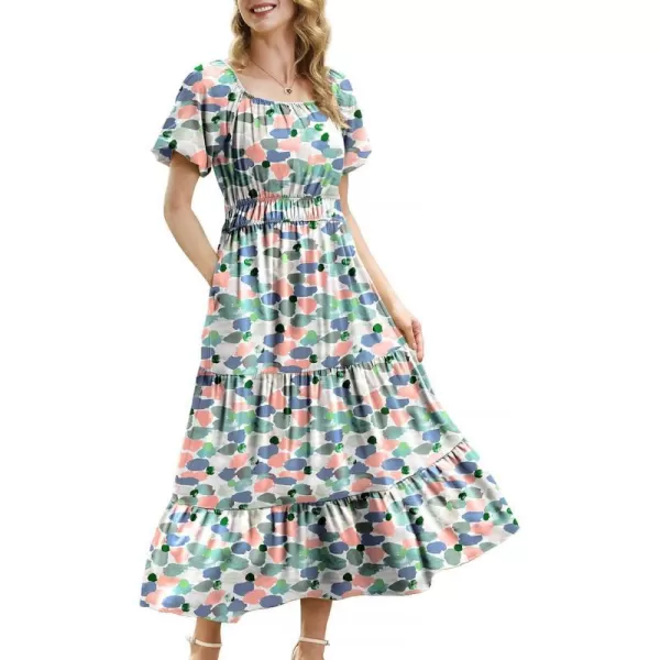 YESNO Womens 2023 Summer Casual Floral Dress Square Neck Puff Short Sleeve Cinched Waist Maxi Dress with Pockets E11Floral 403