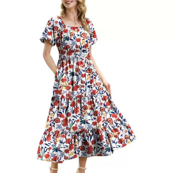 YESNO Womens 2023 Summer Casual Floral Dress Square Neck Puff Short Sleeve Cinched Waist Maxi Dress with Pockets E11Floral 410