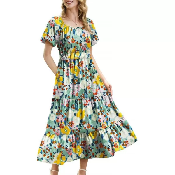 YESNO Womens 2023 Summer Casual Floral Dress Square Neck Puff Short Sleeve Cinched Waist Maxi Dress with Pockets E11Floral 411