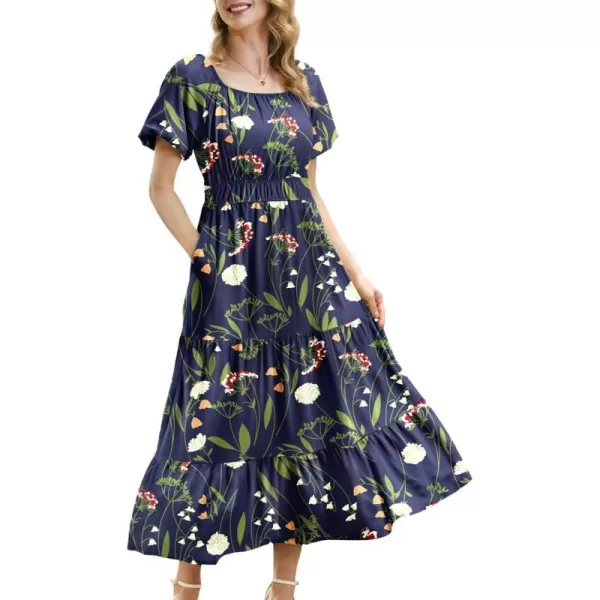 YESNO Womens 2023 Summer Casual Floral Dress Square Neck Puff Short Sleeve Cinched Waist Maxi Dress with Pockets E11Floral B000b