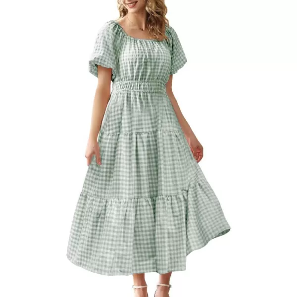 YESNO Womens 2023 Summer Casual Floral Dress Square Neck Puff Short Sleeve Cinched Waist Maxi Dress with Pockets E11Green  Plaid