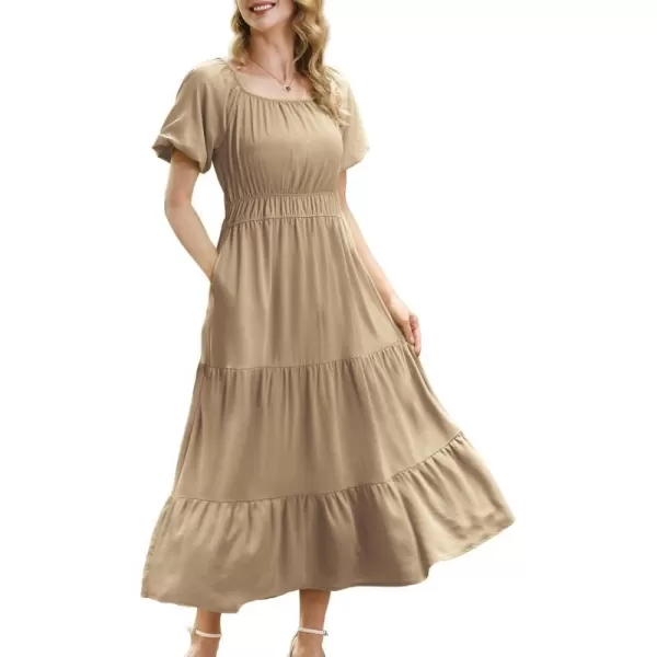 YESNO Womens 2023 Summer Casual Floral Dress Square Neck Puff Short Sleeve Cinched Waist Maxi Dress with Pockets E11Light Khaki