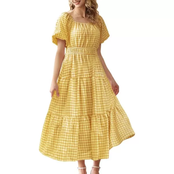 YESNO Womens 2023 Summer Casual Floral Dress Square Neck Puff Short Sleeve Cinched Waist Maxi Dress with Pockets E11Yellow  Plaid