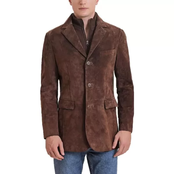 BGSD Men Brett 3Button Suede Leather Blazer Sport Coat Jacket with Bib Also available in TallBrown