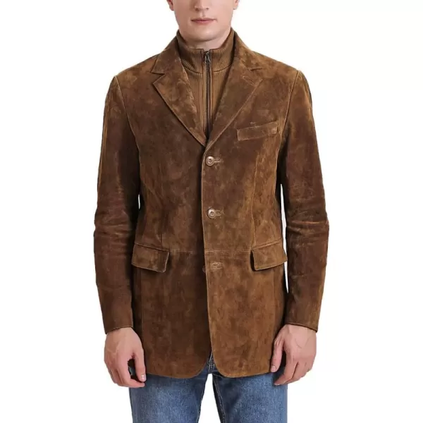 BGSD Men Brett 3Button Suede Leather Blazer Sport Coat Jacket with Bib Also available in TallTobacco