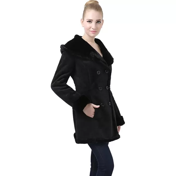 imageBGSD Womens Cindy Hooded Faux Shearling Walking Pea Coat Black Small