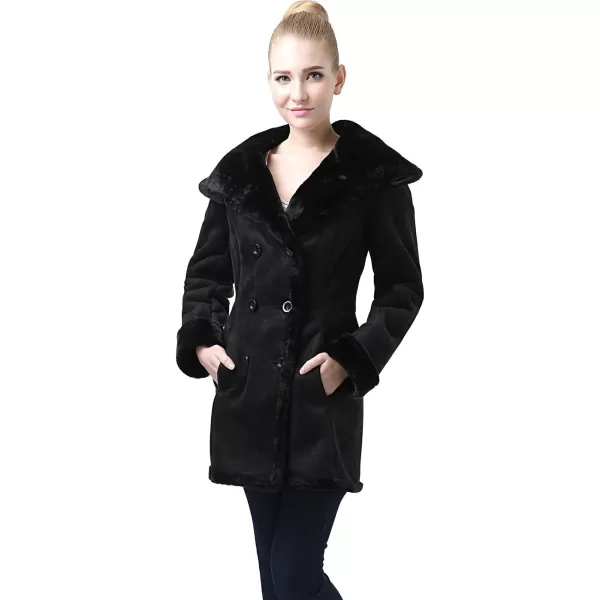 imageBGSD Womens Cindy Hooded Faux Shearling Walking Pea Coat Black Small