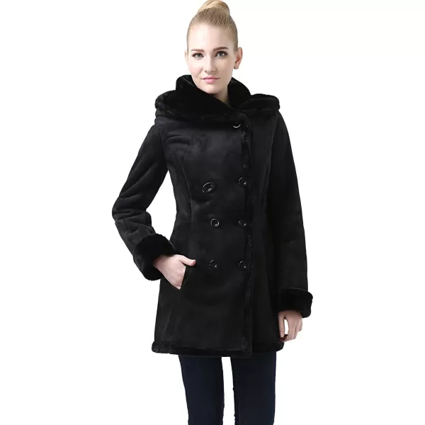 imageBGSD Womens Cindy Hooded Faux Shearling Walking Pea Coat Black Small