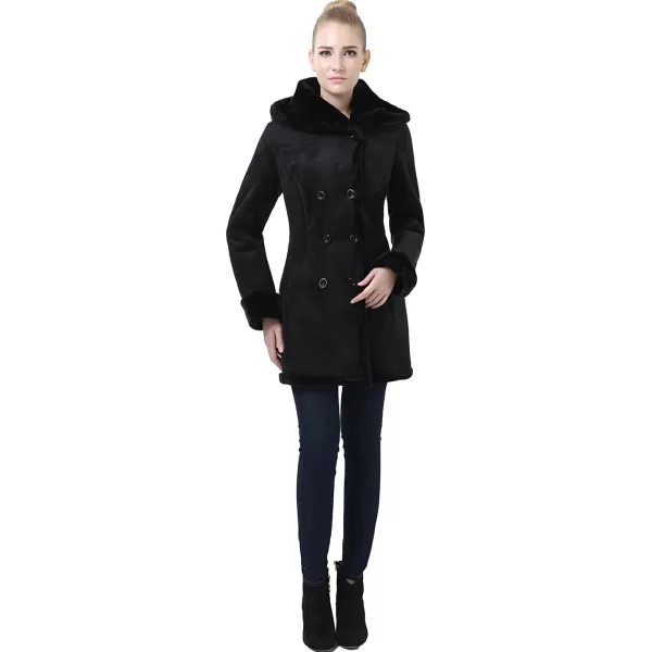 imageBGSD Womens Cindy Hooded Faux Shearling Walking Pea Coat Black Small