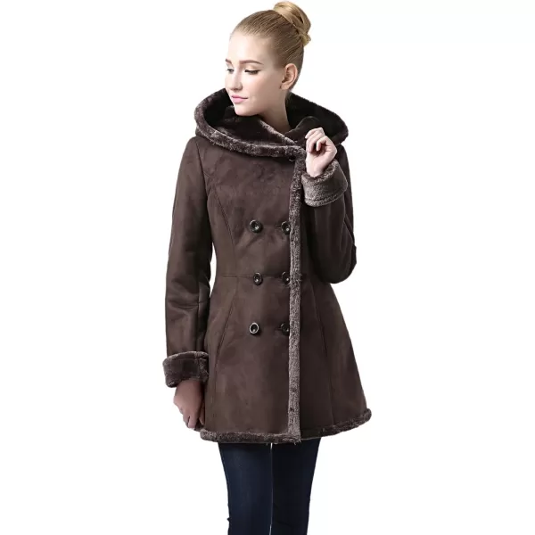 imageBGSD Womens Cindy Hooded Faux Shearling Walking Pea Coat Brown XLarge