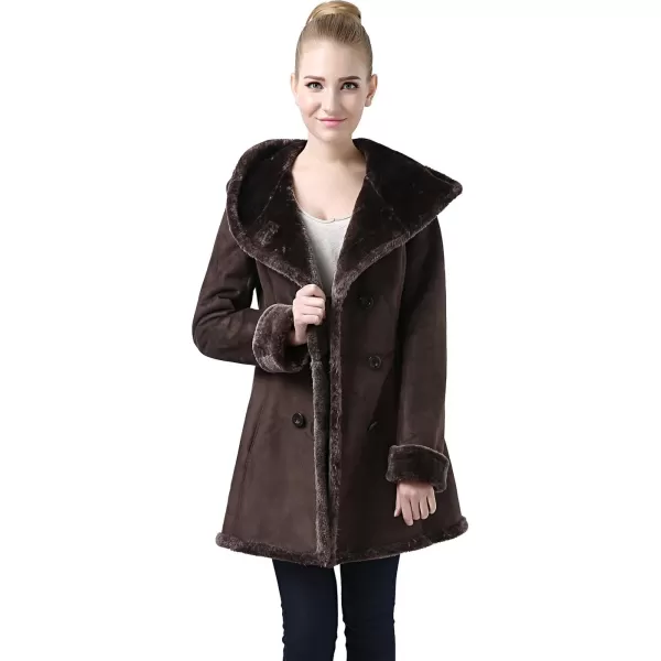 imageBGSD Womens Cindy Hooded Faux Shearling Walking Pea Coat Brown XLarge