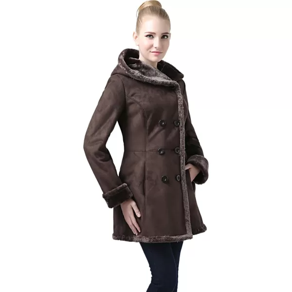 imageBGSD Womens Cindy Hooded Faux Shearling Walking Pea Coat Brown XLarge