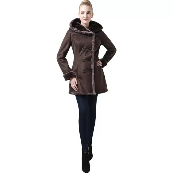 imageBGSD Womens Cindy Hooded Faux Shearling Walking Pea Coat Brown XLarge