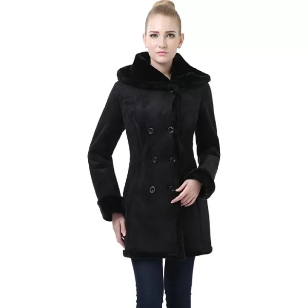 imageBGSD Womens Cindy Hooded Faux Shearling Walking Pea Coat Black Small