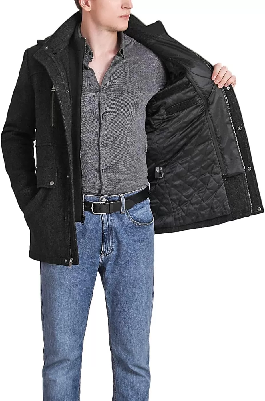 imageBGSD Men Adam Herringbone Hooded Wool Blend Walking Car Coat with Removable Bib Also available in Big and TallBlack