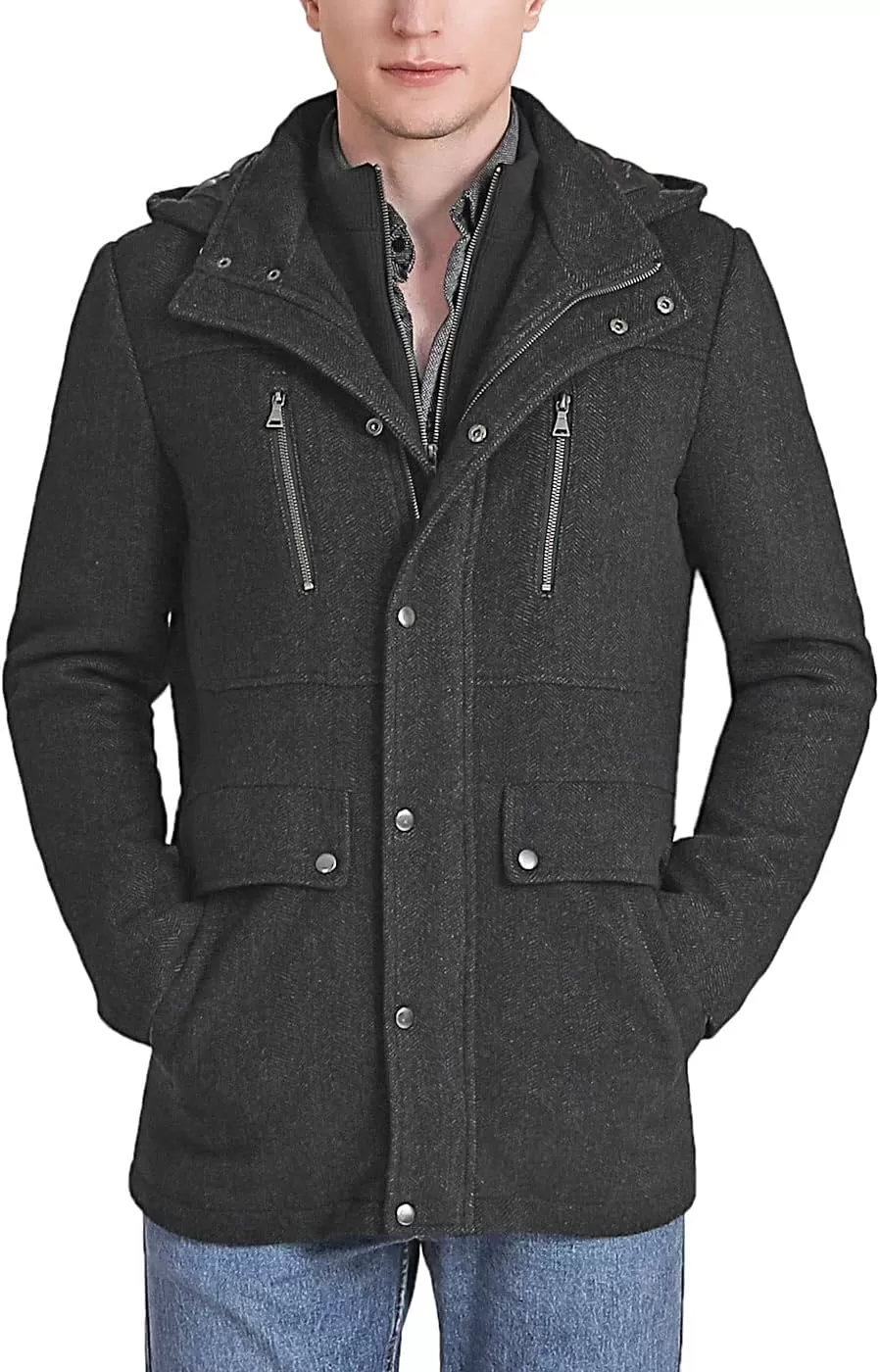 imageBGSD Men Adam Herringbone Hooded Wool Blend Walking Car Coat with Removable Bib Also available in Big and TallBlack