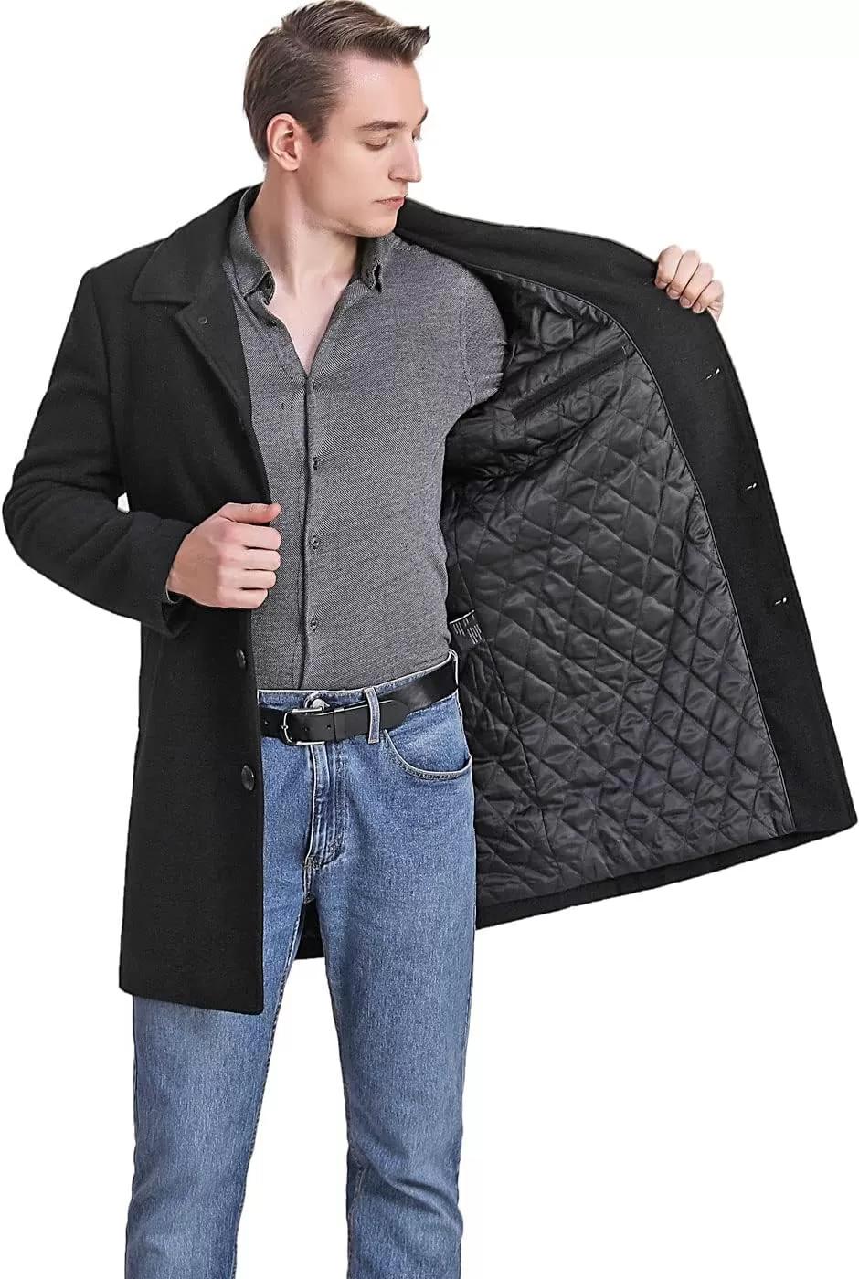 imageBGSD Men Baker Wool Blend Single Breasted Walking Long Car Coat Also available in Big and TallBlack