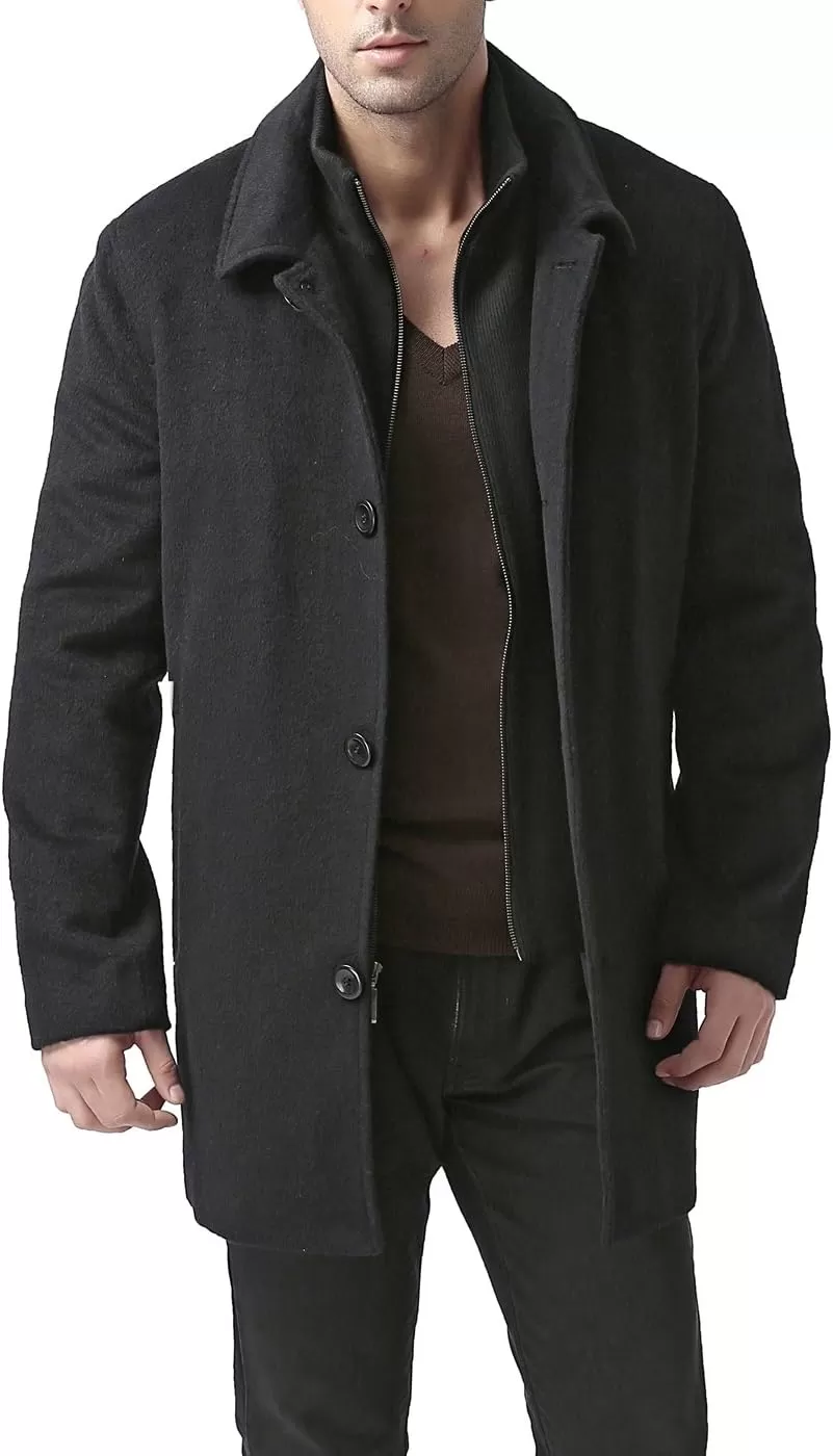 imageBGSD Men John Wool Blend Single Breasted Walking Car Coat with Removable Bib Also available in Big and Tall and ShortBlack