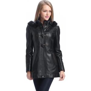 imageBGSD Women Amanda Hooded Lambskin Leather Parka Coat Also available in Plus Size ampamp PetiteBlack