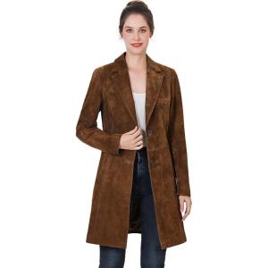 imageBGSD Women Mary Suede Leather Long Walking Coat Also available in Plus Size ampamp PetiteTobacco