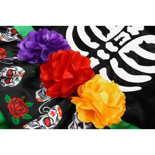 ReliBeauty Kids Day of The Dead Costume for Girls Sugar Skull costume with Flower Deadband and Flower CollarMulticolorMulticolored