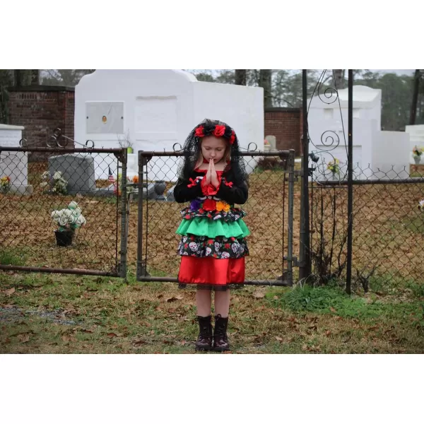 ReliBeauty Kids Day of The Dead Costume for Girls Sugar Skull costume with Flower Deadband and Flower CollarMulticolorMulticolored