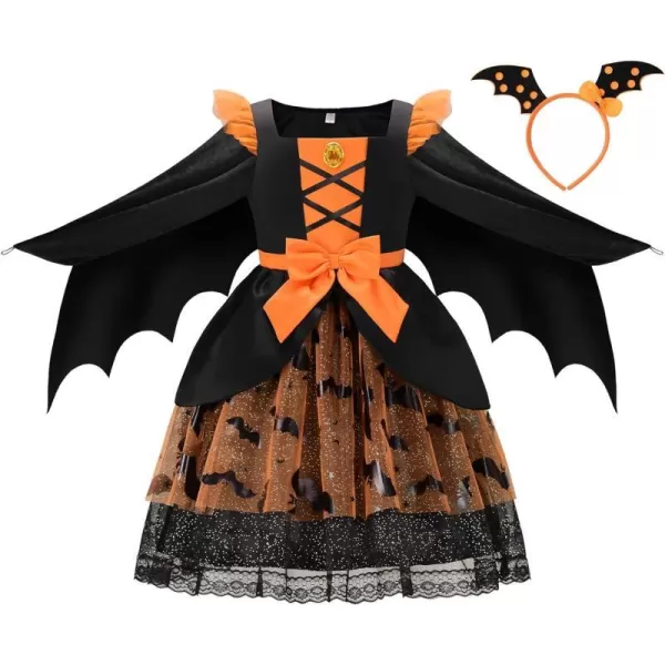 ReliBeauty Bat Costume for Girls with WingsBat Headbands Halloween Costume Dress UpBlack amp OrangeBlack amp Orange