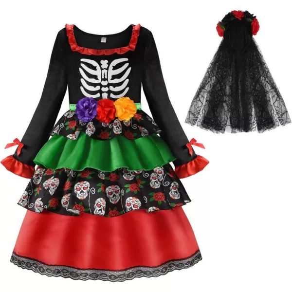 ReliBeauty Kids Day of The Dead Costume for Girls Sugar Skull costume with Flower Deadband and Flower CollarMulticolorMulticolored