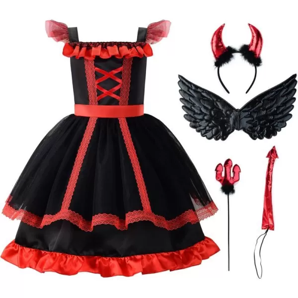 ReliBeauty Kids Devil Costume Girls Halloween Dress Up with AccessoriesBlack and RedRed