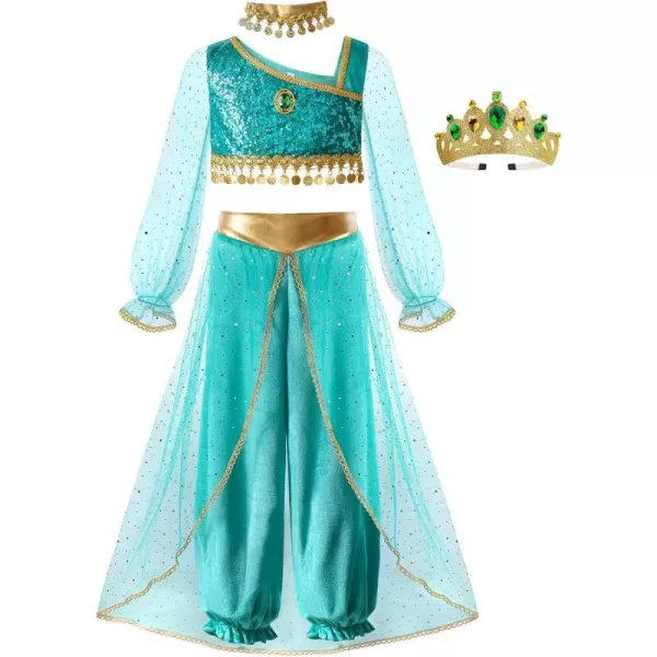 ReliBeauty Princess Toddle Costumes for Girls Arabian Long Sleeves Dress up Holloween Party Birthday whithCollar and CrownGreen