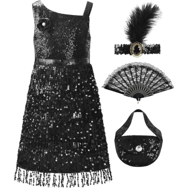 ReliBeauty Roaring 20s Girls Flapper Dress 1920s Costume with Headband and BagBlack