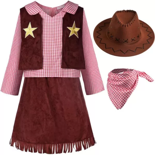 ReliBeauty Western Cowgirl Costume for Girls Funny Holiday Party Princess Dress Up Outfit for Kids BrownBrown