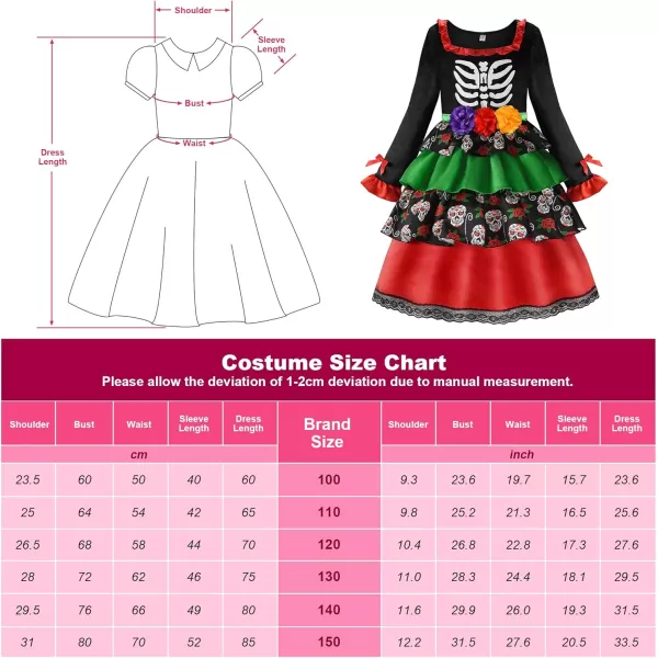 ReliBeauty Kids Day of The Dead Costume for Girls Sugar Skull costume with Flower HeadbandMulticolored