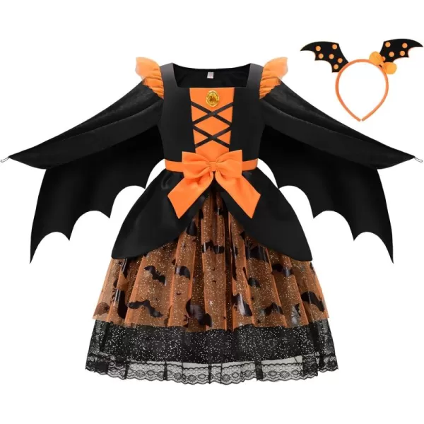 ReliBeauty Bat Costume for Girls with WingsBat Headbands Halloween Costume Dress UpBlack ampamp OrangeOrange